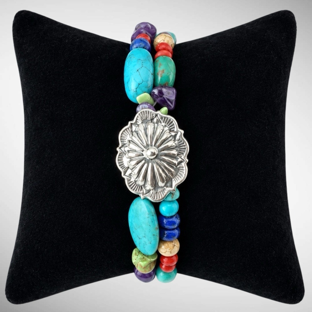 Shube 925 Sterling Silver Multi Gemstone Double Strand Bracelet Vintage